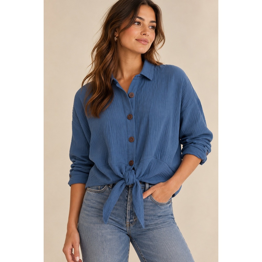 Free People Blue Cotton Gauze Tie Front Button Down Crop Top XS OB939103